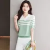 Camisa de pescoço de pólo para mulheres para mulheres listrado listrado Slim t Synthetic Pretty Corean Corean Clower Polyster Y2K Fashion Summer 2024 em