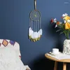Decorative Figurines Handmade Woven Dream Catching Net Pendant Gold Lacquer Feather Harajuku Wall Hanging White Wind Chimes