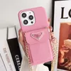 Top Fashion Triangle Mobile Phone Case for iPhone 15 14 13 12 Pro Max Leather Card Pocket Back Shell Electroplated TPU Cover Shoulder Chain Strap String Designer