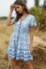 Femme V Neck Bell Sleeve Bouton imprimé floral A Line T-shirt Beach Sunbathing Mini Robe