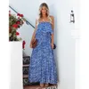 Summer Vacation Women's Blue Plant Temperament Elegant Wrap Chest Ruffle Hem Large Hem Dress