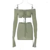 Work Dresses InsLucky Sexy Women Two Piece Set Off The Shoulder Draw String Folds Long Sleeve Ultrashort Top And Slim Skinny Mini Skirt Suit