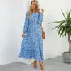 2023 Sping Summer Boheemse vrouwen Maxi Jurk Casual Long Sleeve High Taille Beach Woman Chiffon Dresses Floral Vestidoes Mujer 240416