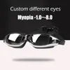 Yetişkin -1.5 ila -8.0 Miyopi Elektrokaplanmış Yüzme Gözlükleri Su geçirmez ve Farklı Sol ve Sağ Göz Açıları ile Özelleştirilmiş Sis Yüzme Goggles 240425
