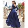 Lässige Kleider Frauen Langarm V Hals Blue Spitze Rückenfreie elegante sexy Damen hohe niedrig unregelmäßige Saum Abend Party Kleid Prom Maxi