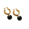 Stud Earrings French Fashion Metal Smooth Ball Dangle For Women Party Wedding With Round Natural Black Agate Crystal