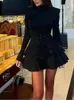 Casual Dresses Mikydely-Svart paljett Miniklänning för kvinnor Sexig höghalsplattor långärmad a-line kjol mode