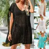 Kvinnor Summer Fashion Solid Color Knitwear Hollowed Out Beach Bikini Swimsuit Blouse Cover-Ups Mini Dress Overclothes