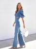 Women's Jeans V Neck Cross Strap Puff Sleeve Jumpsuit Women's Clothing Denim One Piece Wide Leg Pants Solid Zipper Street Trendsetters