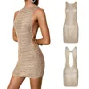 Retro Knitting Beige Beach Wear Women Sexy Sundress Okrągła szyja