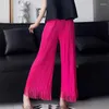 Calça feminina Yudx Miyake plissado colorido sólido cintura elástica Fringe casual slim 2024 verão
