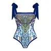 Fashion de maillot de bain pour femmes Double face rétro de maillot de bain de reliure imprimée en bas de bikini bleu