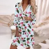 Vestidos informales para la boda invitados mujeres de verano estilo étnico adorno V cuello impresión floral tres cuartos de vestidos de Fiesta