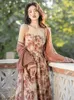 Robes décontractées habiller la peinture à huile de style chinois pour femmes Slempe à pulls imprimés en rose Suit en deux pièces de haut niveau de la mode printemps et estivale