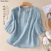 Kadın Bluzları 2024 Çin tarzı gömlek pamuk keten vintage nakış gevşek kısa kadın üstleri yaz v yaka giysileri