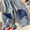 Spring and Autumn Childrens Contrast Wide Leg Jeans Contrast Loose Relaxed Pants for Boys and Girls Jeans Baby Kids Trousers 240430