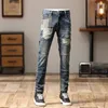 Jeans masculin moteur couture patchwork slim fit lumière à jambes droites vêtements à la mode pou-pant de personnalité puai