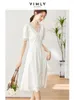 Feestjurken vimly korte mouw zomer witte jurk vrouwen 2024 elegant chic borduurwerk v-hals katoen a-line gemonteerd midi m1196