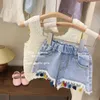 Zomer babymeisje outfit set geboren kleding 2 pc's vest pant mode print kinderen denim shorts korea stijl 240426