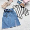 Girls Denim Long Skirts With Beltstriped Tees T-Shirts Fashion Baby Kids Birthday Casual Jeans Skirt Children Clothes Sets 4-16 240419