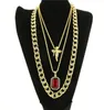 Micro Angel Red Stone Cuban Link Chain 3 Necklace Set Gold Plated Necklace Jewelry Hip Hop Necklace For Men Women KKA18394532473