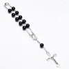 Bracelet à charme croisé de chapelet 8 mm Rosaire pour les femmes hommes Religieux Black Glass Beads Bangle Catholicisme Prayer Jewelry