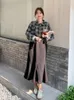 Casual jurken met lange mouwen geruite shirt gesplitste zwarte fishtail jurk voor vrouwen 2024 herfst elegant chic losse maxi vrouw 2329