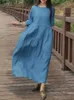 Grundläggande casual klänningar Zanzea Women mode Half Slve Sundress 2023 Solid Long Dress Holiday Autumn Vintage Drawstring Midja
