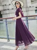 Robes de fête Femmes Purple Murffon Robe Summer Fashion Châle Collier de manche courte Slim Long Élégant Flux A-Line Pullover