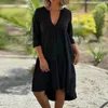 Casual Dresses Sexig V-Neck Cotton Linen Midi Dress 2024 Summer Half Sleeve Solid Pullover Women Elegant Pleated Loose Party