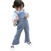 Одежда наборы корейская весенняя осенняя девочка для малыша 2pcs одежда набор писем с длинным рукавом пуловер джинсовый брюк детская костюма для детской одежды