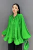 Kvinnors blusar Qing Mo 2024 Summer Green Women Chiffon Shirt Långärmad rufsad hem TOP LOOK SOLID KLÄDER HLX070A