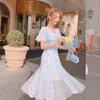 Party Dresses Chiffon Floral Midi Dress Women Lace Short Sleeve Elegant Blue Female Summer Vintage One Piece Korean