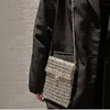 Vintage Plastic Metal Style Shiny Hand Woven Hollow Beaded Pearl Small Square Bag Long Shoulder Strap Crossbody Women 240429