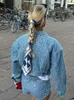 Frauen mit Pailletten Jean-Jacket Short Pant Anzug loser Revers-Einzel-Mantel 2 Stück Sets Frühlings Sommer Chic Streetwear 240423