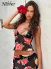 Nibber Floral Print Mesh Two-Piece Elegant Womens V-Neck Tankside Split Ultra-Thin Long Transparent Leather Womens Trend Set 240430