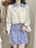 Sukienki robocze Japońskie kawaii z dzianiny dwuczęściowy zestaw patchwork Sweet Mini Spirt Suit żeński koreański sweter Tops Floral 2024