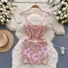 Casual Dresses Foamlina Vintage Luxury Sparkly Short Dress Pink Feather 3D Flower Slim Fit Strap Sequin Girl's Backless Sling