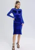 Casual jurken 2024 Winter Donkerblauwe feestkleding voor vrouwen chique luxe heup wrap midi -jurk met lange mouwen met lange mouwen