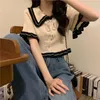 女性用Tシャツデザインセンスニッチフリルドールネックニットセーター半袖Tシャツ夏ユニークなフレンチシックなクロップトップ