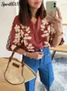 Retro floral embroidery O-neck puff sleeve shirt single chest button patch work shirt 2024 spring womens fashion casual street clothing 240428