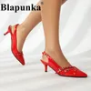 Scarpe eleganti blapunka tacchi gattini rossi per donne punk multi fibbie imbracatura décolletono eleganti scarpe in pelle vernice di punta verde appuntite