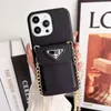 Top Fashion Triangle Mobile Phone Case for iPhone 15 14 13 12 Pro Max Leather Card Pocket Back Shell Electroplated TPU Cover Shoulder Chain Strap String Designer