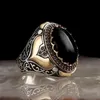 Anéis de casamento vintage handmade esculpida sinete turco para homens incrustados de zircão preto de zircão preto jóias religiosas islâmicas 283b