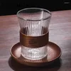 Mokken 1 pc 300 ml glazen koffie mok walnootbeker met houten mouw Japanse stijl streep drinkware cadeaus thee bier latte