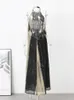 Backless Long Brech Dress Women Chic gedruckt gedruckt maxi weibliche ärmellose Neckholder Kleider Sommerferien Lady Robe 240423