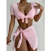 Kvinnors badkläder 2024 Solid Color Swimsuit Women 4-Piece Bikini Sexig strandkjol Baddräkt Kort ärm Hög midja Sommarstrandkläder