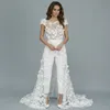 Boho Floral Lace Wedding Jumpsuits Sexy Backless Beach Wedding Jurken Korte mouwen Court Train Ivoor Bruid Jurk 2024 Zomer gewaad de MARIEE