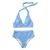 Dames badkleding blauw hoge taille speciale stof in reliëf in reliëf sexy hangende nek band zwempak bikini set dames plus maat
