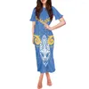 Party Dresses Summer Women Clothing Samoa Tribal Retro Pattern Blue Printing Dress Lotus Leaf Short-Sleeved Round Neck Evening